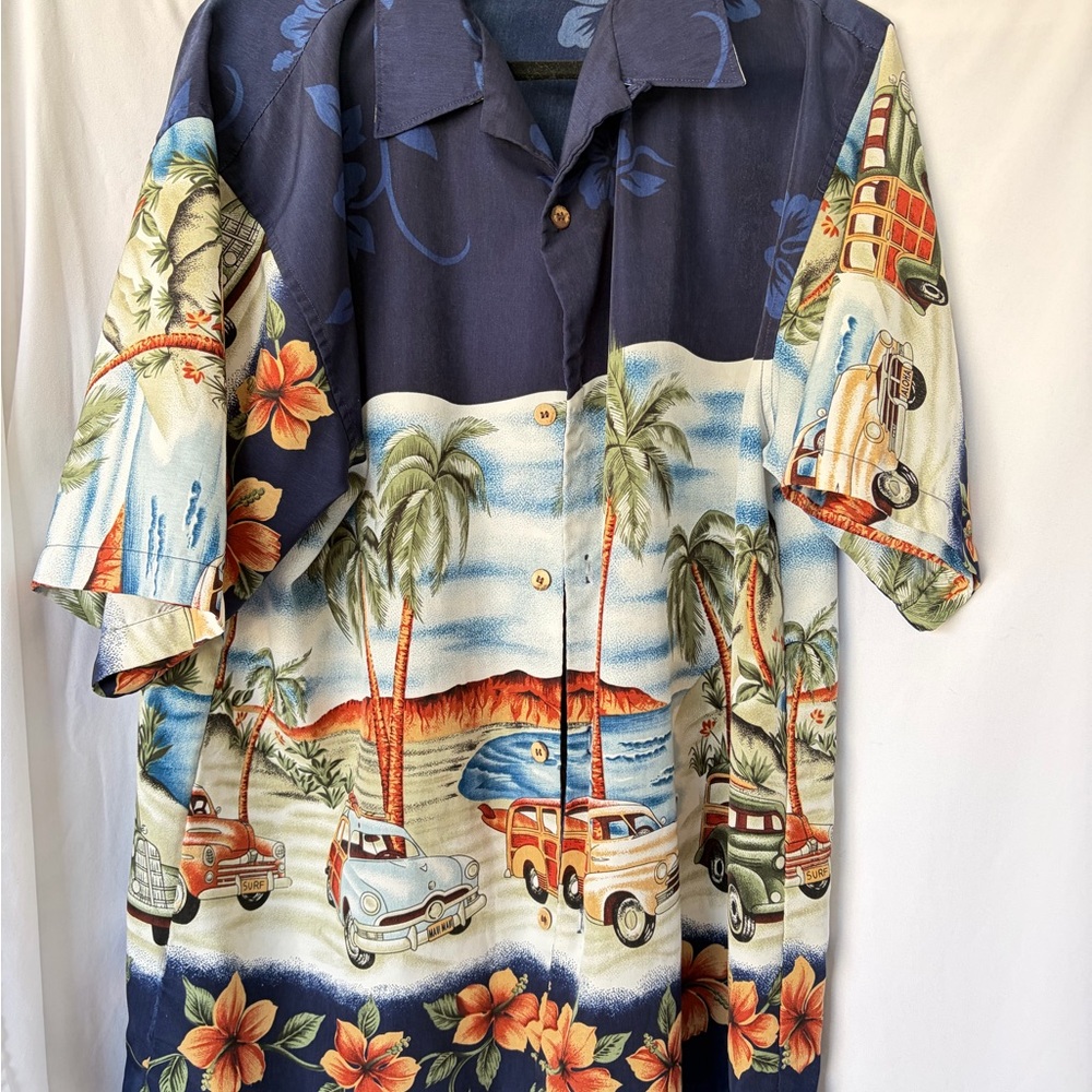 Navy Tropical Print Short-Sleeve Button-Down Shirt